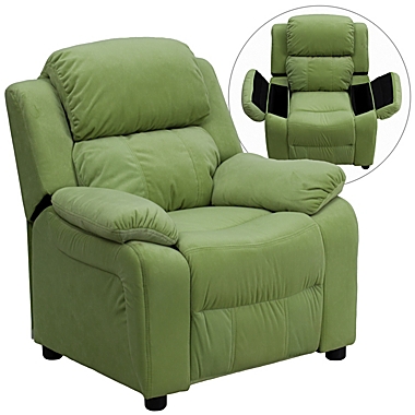 Flash Furniture Charlie Deluxe Padded Contemporary Avocado Microfiber Kids Recliner with Storage Arms. View a larger version of this product image.