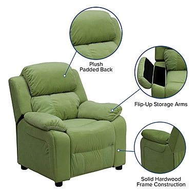 Flash Furniture Charlie Deluxe Padded Contemporary Avocado Microfiber Kids Recliner with Storage Arms. View a larger version of this product image.