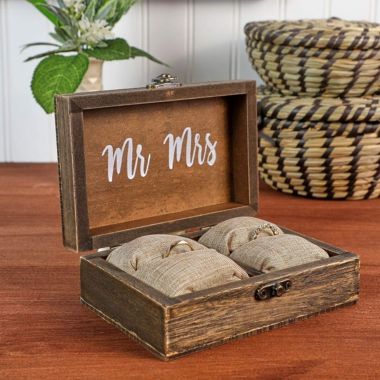 Stock Preferred Wood Wedding Ring Box with Burlap Pillow Lining 6x4x2in. View a larger version of this product image.