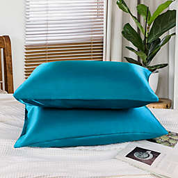 PiccoCasa Set of 2 Envelope Cool Satin Pillowcases, 100% Polyester(Satin Fabric) Soft Luxurious Silky Pillow Cover Pillow Protector with Envelope Closure for Hair and Skin, Peacock Blue Queen