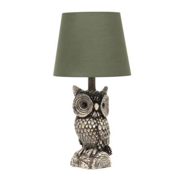 Simple Designs Woodland 19.85" Tall Contemporary Polyresin Gazing Brown and White Night Owl Novelty Bedside Table Desk Lamp with Green Tapered Drum Fabric Shade. View a larger version of this product image.