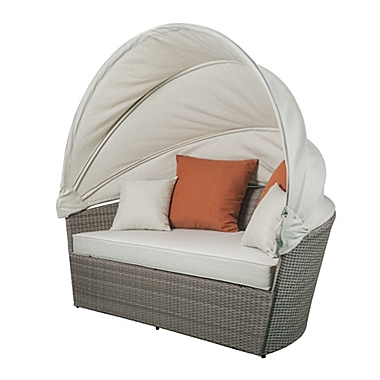 Yeah Depot Salena Patio Canopy Sofa & Ottoman in Beige Fabric & Gray Wicker. View a larger version of this product image.