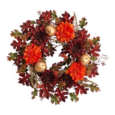 Nearly Natural 24"D Thanksgiving Party Decorative Fall Dahlia, Golden Apple, Oak Leaf and Berries Autumn Artificial Wreath. View a larger version of this product image.