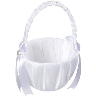 Juvale Flower Girl Satin Wedding Basket, White, 8 x 5 x 3.5 Inches. View a larger version of this product image.