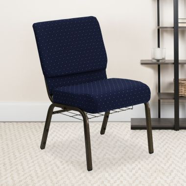 Flash Furniture HERCULES Series 21''W Church Chair in Navy Blue Dot Patterned Fabric with Book Rack - Gold Vein Frame. View a larger version of this product image.
