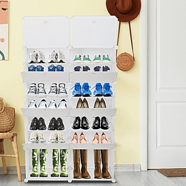 Inq Boutique 7-Tier Portable 28 Pair Shoe Rack Organizer 14 Grids Tower Shelf Storage Cabinet Stand Expandable for Heels, Boots, Slippers, White RT. View a larger version of this product image.