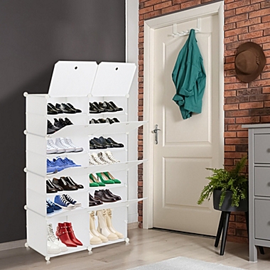 Inq Boutique 7-Tier Portable 28 Pair Shoe Rack Organizer 14 Grids Tower Shelf Storage Cabinet Stand Expandable for Heels, Boots, Slippers, White RT. View a larger version of this product image.