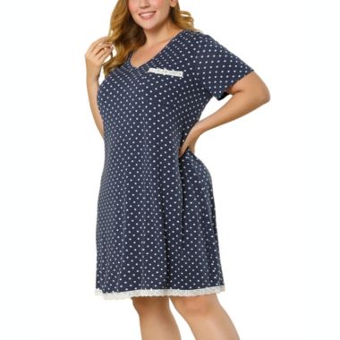 Agnes Orinda Women's Plus Size Nightgown Polka Dots Short Sleeve Pajamas Nightgowns, Leisure Polyester Round Neck Baby doll Sleepwear Cami Dress, 4X Navy Blue. View a larger version of this product image.