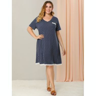 Agnes Orinda Women's Plus Size Nightgown Polka Dots Short Sleeve Pajamas Nightgowns, Leisure Polyester Round Neck Baby doll Sleepwear Cami Dress, 4X Navy Blue. View a larger version of this product image.