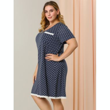 Agnes Orinda Women's Plus Size Nightgown Polka Dots Short Sleeve Pajamas Nightgowns, Leisure Polyester Round Neck Baby doll Sleepwear Cami Dress, 4X Navy Blue. View a larger version of this product image.