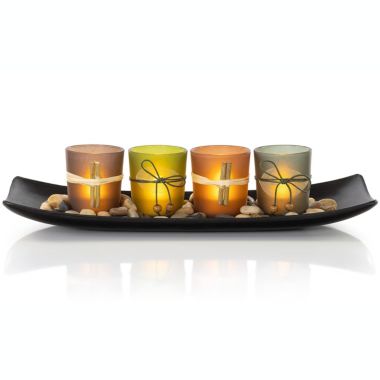 VP Home Decorative Votive Candle Holders, Vintage Decor Flameless Natural Candlescape Set, 4 LED Tea Light Candles, Rocks and Tray (Natural Earth Tones 4 Set). View a larger version of this product image.