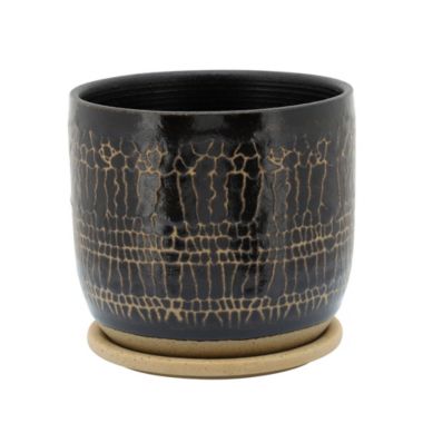 Kingston Living 8" Black and Beige Ceramic Glazed Planter with Saucer. View a larger version of this product image.