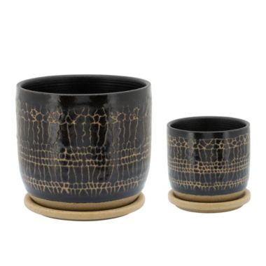 Kingston Living 8" Black and Beige Ceramic Glazed Planter with Saucer. View a larger version of this product image.