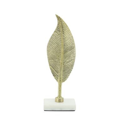 Kingston Living 9" Metallic Gold and White Leaf on Marble Base Tabletop Decor. View a larger version of this product image.