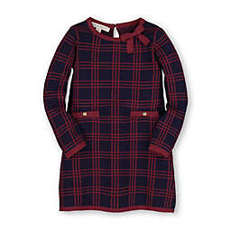 Hope & Henry Girls' Bow Detail Sweater Dress (Navy and Berry Plaid, 3-6 Months)