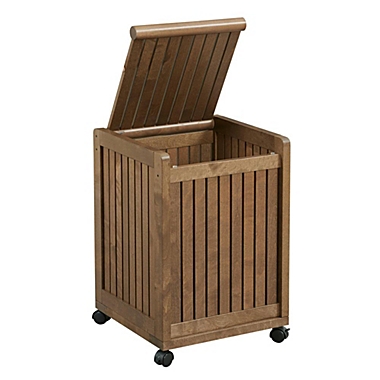 HomeRoots Office  Chestnut Solid Wood Rolling Laundry Hamper with Lid. View a larger version of this product image.