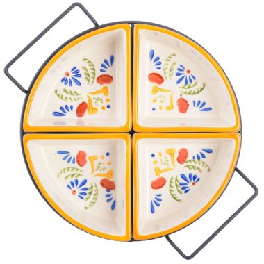 Laurie Gates Tierra 4-Section Hand Painted Stoneware Tidbit Dish with Metal Rack. View a larger version of this product image.