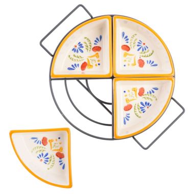Laurie Gates Tierra 4-Section Hand Painted Stoneware Tidbit Dish with Metal Rack. View a larger version of this product image.