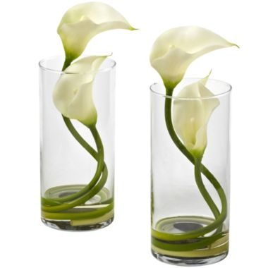 Nearly Natural Double Calla Lily Silk Arrangement with Cylinder (Set of 2), Cream. View a larger version of this product image.
