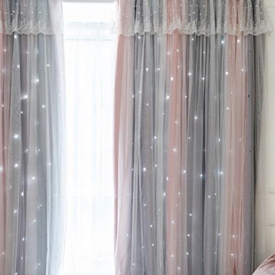 Stock Preferred Star Window Double Lace Layer Blackout Curtains in 52.76x62.99inch Pink Gray