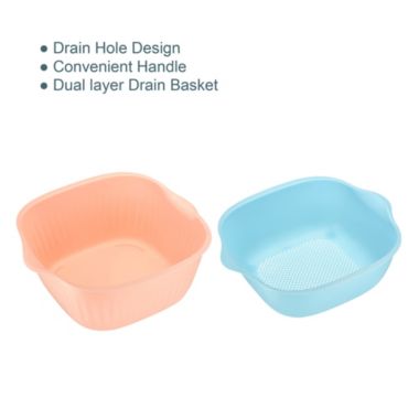 Unique Bargains Durable Colanders & Food Strainers with Bowl 2 Pieces, Plastic Drainer Basket Kitchen Essentials for Draining Pasta, Washing Fruits and Vegetables -Pink Blue+Green. View a larger version of this product image.
