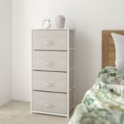 Flash Furniture Harris 4 Drawer Wood Top White Cast Iron Frame Vertical Storage Dresser with Light Gray Easy Pull Fabric Drawers
