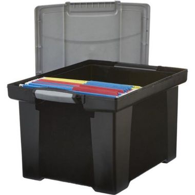 Storex Utility Tote With Locking Handles in Black With Silver. View a larger version of this product image.