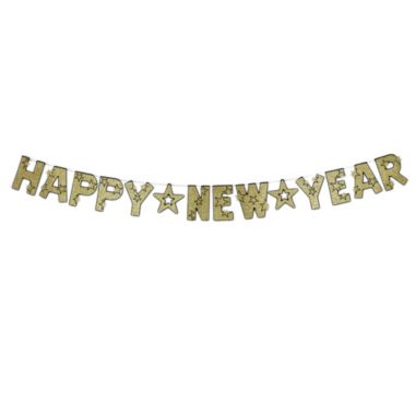Beistle 8 1/2" x 8' 6" Glittered Happy New Year Streamer, Black & Gold - 12 Pack (1/Pkg). View a larger version of this product image.