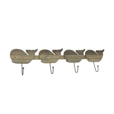 Mayrich Distressed Wooden Whale 4 Hook Hanging Wall Rack 28 Inches Long. View a larger version of this product image.