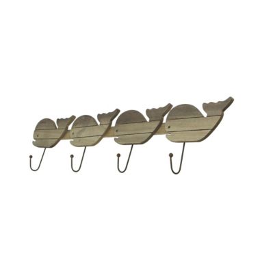 Mayrich Distressed Wooden Whale 4 Hook Hanging Wall Rack 28 Inches Long. View a larger version of this product image.
