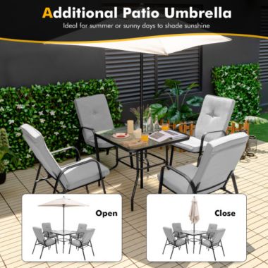 Costway 6 Pieces Patio Dining Set with Umbrella and Stackable Cushioned Chairs. View a larger version of this product image.