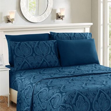 Lux Decor Collection 6-Pieces Deep Pocket Microfiber Printed Bed Sheet Set in Queen Size Navy Blue. View a larger version of this product image.