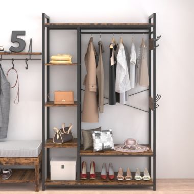 New Space Free-Standing Closet Organizer with Storage Box & Side Hook, Portable Garment Rack with 6 Shelves and Hanging Rod, Black Metal Frame&Rustic Board Finish, Hanging Closet Shelves (Rustic Brown).. View a larger version of this product image.