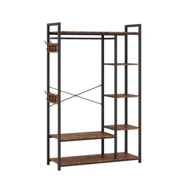 New Space Free-Standing Closet Organizer with Storage Box & Side Hook, Portable Garment Rack with 6 Shelves and Hanging Rod, Black Metal Frame&Rustic Board Finish, Hanging Closet Shelves (Rustic Brown).. View a larger version of this product image.