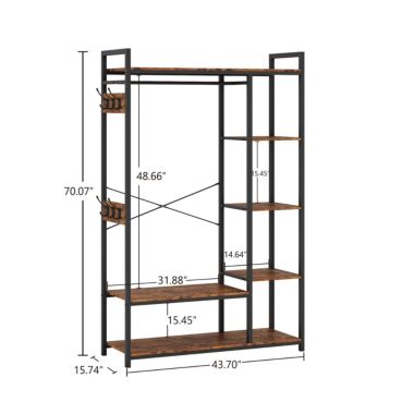 New Space Free-Standing Closet Organizer with Storage Box & Side Hook, Portable Garment Rack with 6 Shelves and Hanging Rod, Black Metal Frame&Rustic Board Finish, Hanging Closet Shelves (Rustic Brown).. View a larger version of this product image.