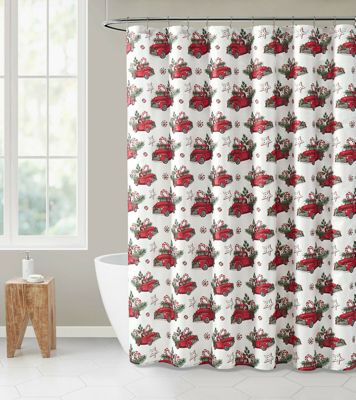 Christmas Red Truck Gifts Candy Cane Snow Shower Curtain Set Bathroom Decor 72" 