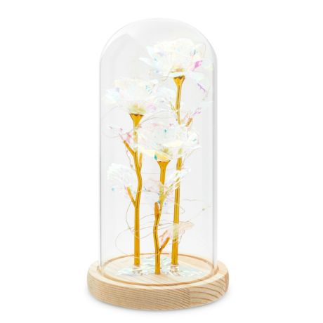 Two White Roses in Glass Dome LED Lamp with Rose #07265 Artificial Flowers in Glass Cover Wedding Decoration Valentine's & Birthday Gift