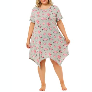 Agnes Orinda Women's Plus Floral Nightgown Cute Irregular Sleep Dress, Polyester Asymmetricial Hem Sleepwear Nightdress Gown Dress, Gray, 4X. View a larger version of this product image.