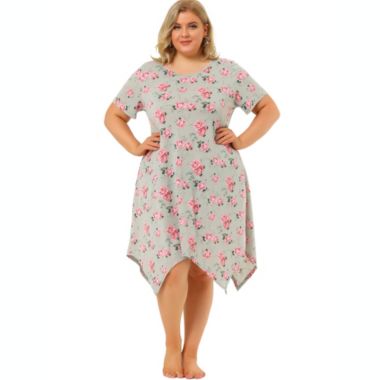 Agnes Orinda Women's Plus Floral Nightgown Cute Irregular Sleep Dress, Polyester Asymmetricial Hem Sleepwear Nightdress Gown Dress, Gray, 4X. View a larger version of this product image.