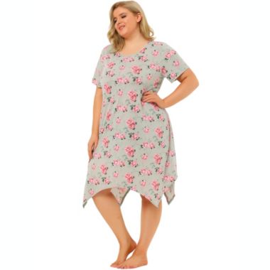 Agnes Orinda Women's Plus Floral Nightgown Cute Irregular Sleep Dress, Polyester Asymmetricial Hem Sleepwear Nightdress Gown Dress, Gray, 4X. View a larger version of this product image.