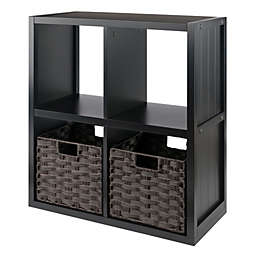 Timothy 3-Pc 2x2 Storage Shelf with 2 Foldable Woven Baskets, Black and Chocolate
