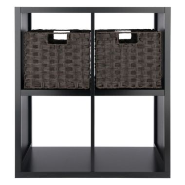 Timothy 3-Pc 2x2 Storage Shelf with 2 Foldable Woven Baskets, Black and Chocolate. View a larger version of this product image.