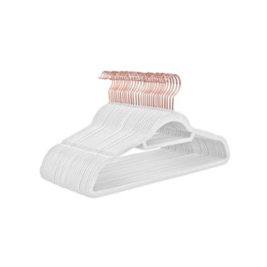 SONGMICS Velvet Hangers, 30 Pack, Non-Slip Clothes Hanger with Rose Gold Color Swivel Hook, Space-Saving, for Coat, Shirt, Dress, Trousers, Tie, 17.7 x 0.2 x 9.3 Inches, White. View a larger version of this product image.