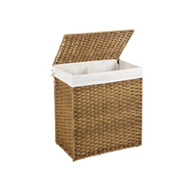 SONGMICS Handwoven Laundry Basket with Lid, 110L Synthetic Rattan Divided Clothes Hamper with Handles, Foldable, 2 Sections Removable Liner Bag, Stable Iron Frame, Natural. View a larger version of this product image.