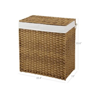 SONGMICS Handwoven Laundry Basket with Lid, 110L Synthetic Rattan Divided Clothes Hamper with Handles, Foldable, 2 Sections Removable Liner Bag, Stable Iron Frame, Natural. View a larger version of this product image.