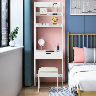 Gymax Vanity Set Makeup Dressing Table w/Flip Top Mirror Hooks Shelves. View a larger version of this product image.