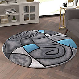 Emma and Oliver Urbane 5x5 Round Contemporary Abstract Geometric Olefin Accent Rug in Gradient Shades of Gray and Blue with Natural Jute Backing
