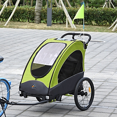 Aosom Child Bike Trailer 3 In1 Foldable Jogger Stroller Baby Stroller Transport Carrier with Shock Absorber System Rubber Tires Adjustable Handlebar Kid Bicycle Trailer Green and Grey. View a larger version of this product image.