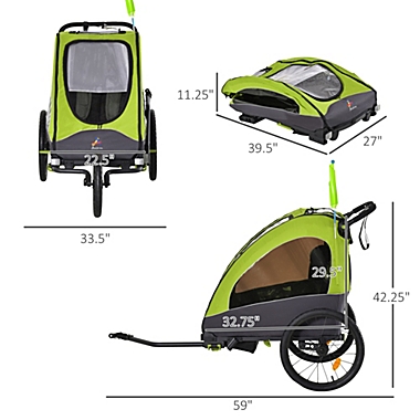 Aosom Child Bike Trailer 3 In1 Foldable Jogger Stroller Baby Stroller Transport Carrier with Shock Absorber System Rubber Tires Adjustable Handlebar Kid Bicycle Trailer Green and Grey. View a larger version of this product image.