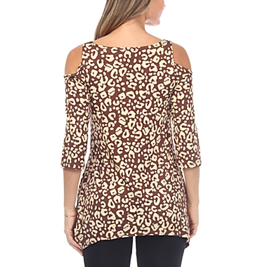 White Mark Women&#39;s Plus Size Maternity Leopard Cold Shoulder Tunic Top. View a larger version of this product image.